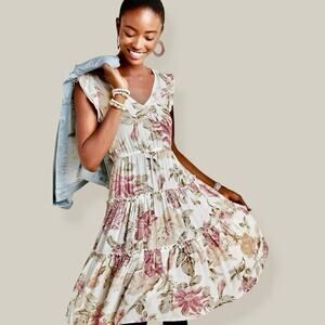 Frye Anthropologie Luna Ivory Floral Tiered Flutter Sleeve Mini Dress size Small